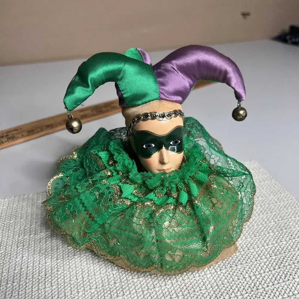 Dae Ha Industrial Porcelain Jester Girl Doll Masked Green Purple 7 In Masquerade